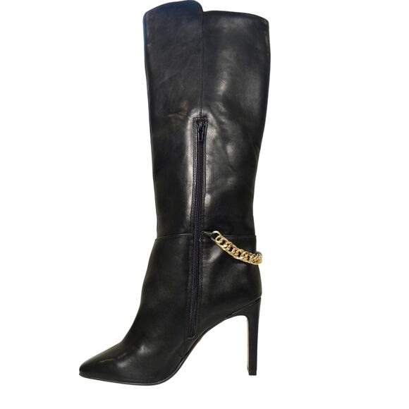 Express Women's Black Tall Boot Heel Gold Chain Size 8 Sexy Vegan Leather‎ Hot - Picture 1 of 7